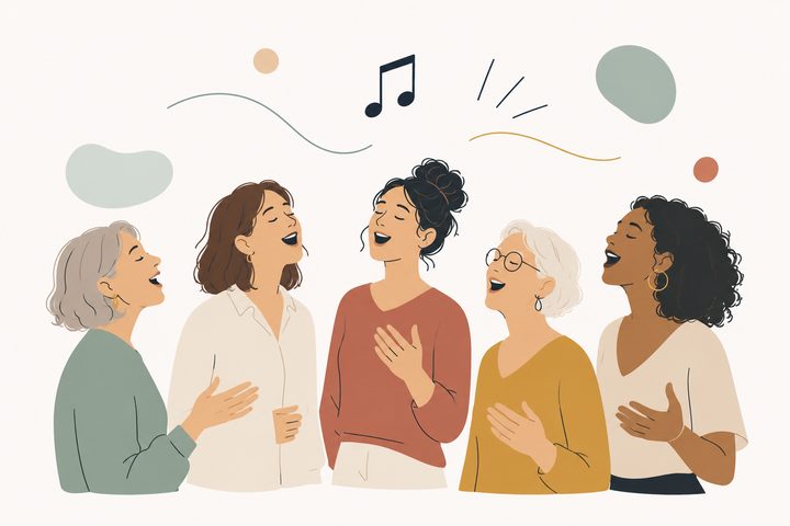 Illustration de cinq femmes chantant ensemble, dans la bonne humeur.